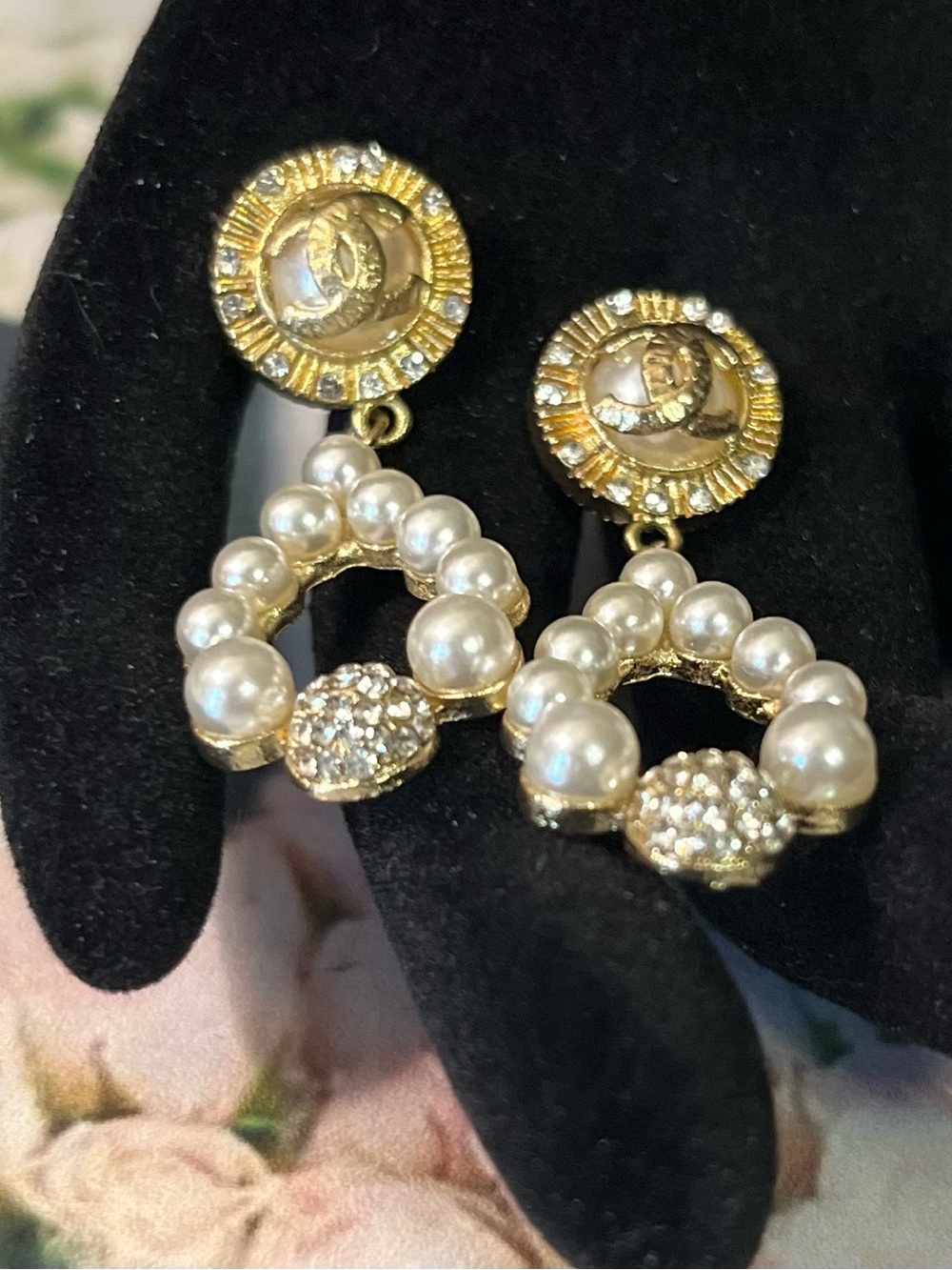 CHANEL Gold and Pearl CC Drop Earrings with Crystal Accents